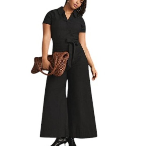 Anthropologie Maeve The Colette Wrap Jumpsuit - Black, Size 12P, Wide Leg - Picture 1 of 11